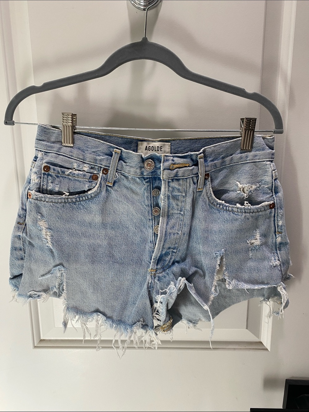 Agolde Parker Light Blue Distressed Denim Cutoff Shorts